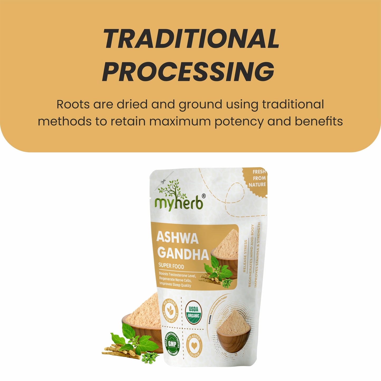 MYHERB 100% Pure Natural Organic Ashwagandha Powder || 100 Gm || Withania Somnifera || Ayurvedic Formula || Support for Stress-free Living- For Men And Women