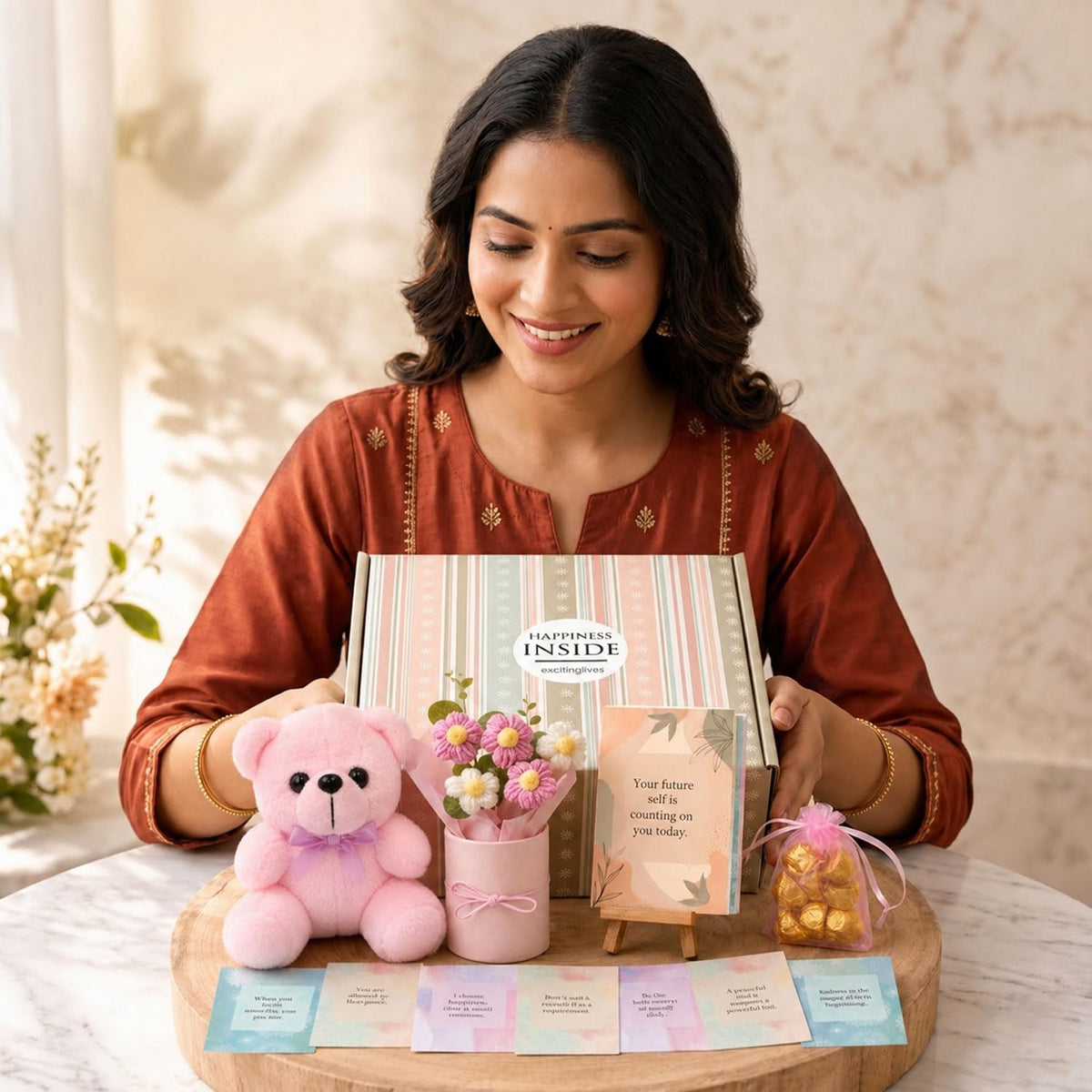 Diwali Pink Gift Basket Set for Women – Gift Box with Teddy Bear, Crochet Flower Bouquet, Chocolates & Inspirational Card, Diwali Gift for Wife, Girlfriend, Mom, Sister, Behen, Cousin & Loved Ones
