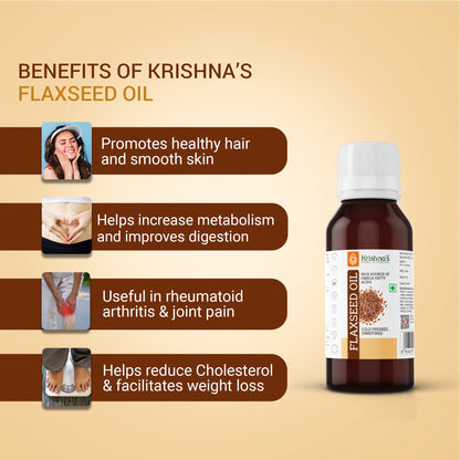 Krishna's Flaxseed Oil (50 ml)(Pack of 2) | Virgin Cold Pressed Flex seed oil | Rich in Omega 3-6-9 | Made in Kachi Ghani
