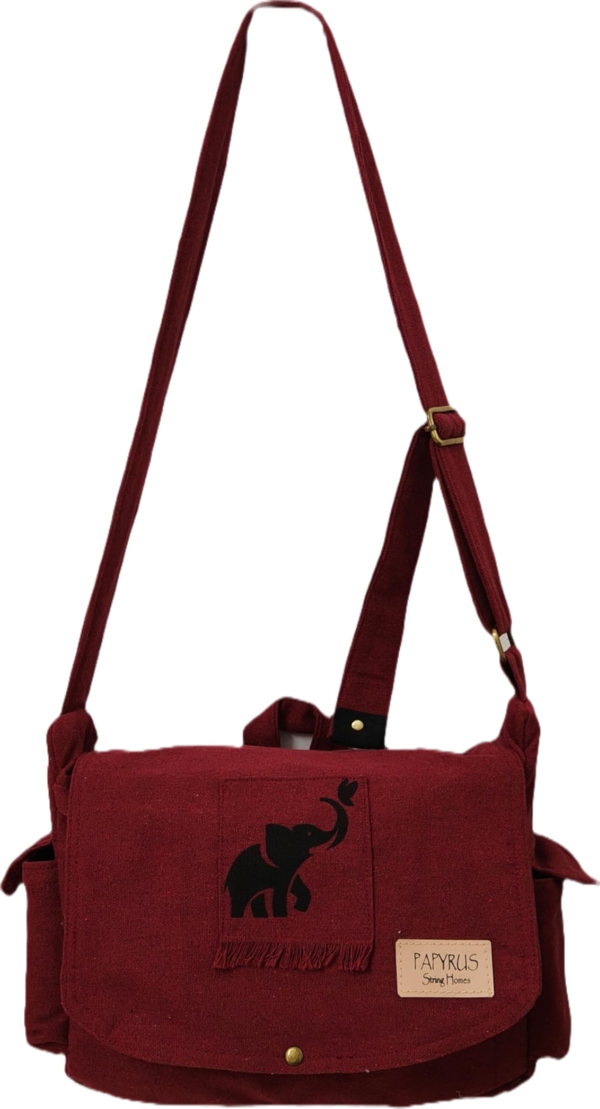 Papyrus Canvas Messenger Sling Bag,(32X23X10cm, 7.5L) Medium Size. Patching with Elephant Design (RED MAROON)