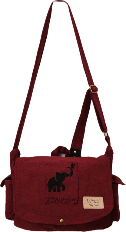 Papyrus Canvas Messenger Sling Bag,(32X23X10cm, 7.5L) Medium Size. Patching with Elephant Design (RED MAROON)