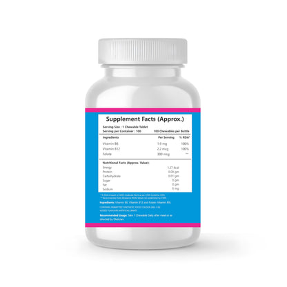 Nutrinow Methyl B12 & Folate Chewable Tablets | Vitamin B12 (Methylcobalamin), Vitamin B6 & Folate Supplement for Nerve Health, Brain Function, Heart Wellness & Energy Support | 100 Tablets