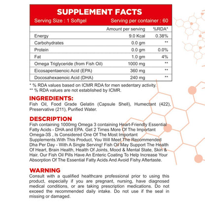 Muscle Gears Omega-3 Fish Oil 1000mg | 360mg EPA & 240mg DHA | Heart, Brain, Eye, Skin & Joint Health | Molecularly Distilled | Non-GMO | For Men & Women | 60 Softgels