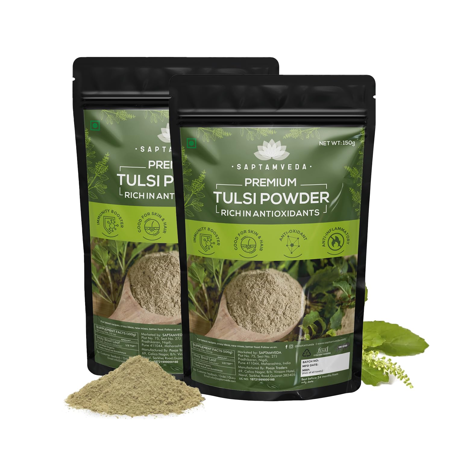 SAPTAMVEDA Premium Tulsi Leaf Powder (300 Gm) - Organic Holy Basil Leaves Extrac