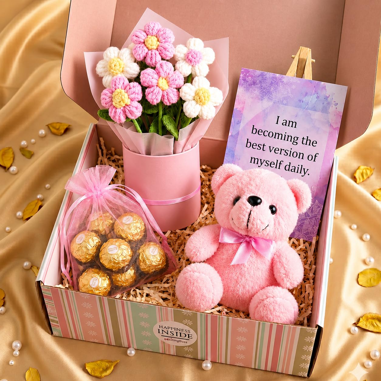 Diwali Pink Gift Basket Set for Women – Gift Box with Teddy Bear, Crochet Flower Bouquet, Chocolates & Inspirational Card, Diwali Gift for Wife, Girlfriend, Mom, Sister, Behen, Cousin & Loved Ones