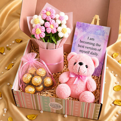 Diwali Pink Gift Basket Set for Women – Gift Box with Teddy Bear, Crochet Flower Bouquet, Chocolates & Inspirational Card, Diwali Gift for Wife, Girlfriend, Mom, Sister, Behen, Cousin & Loved Ones