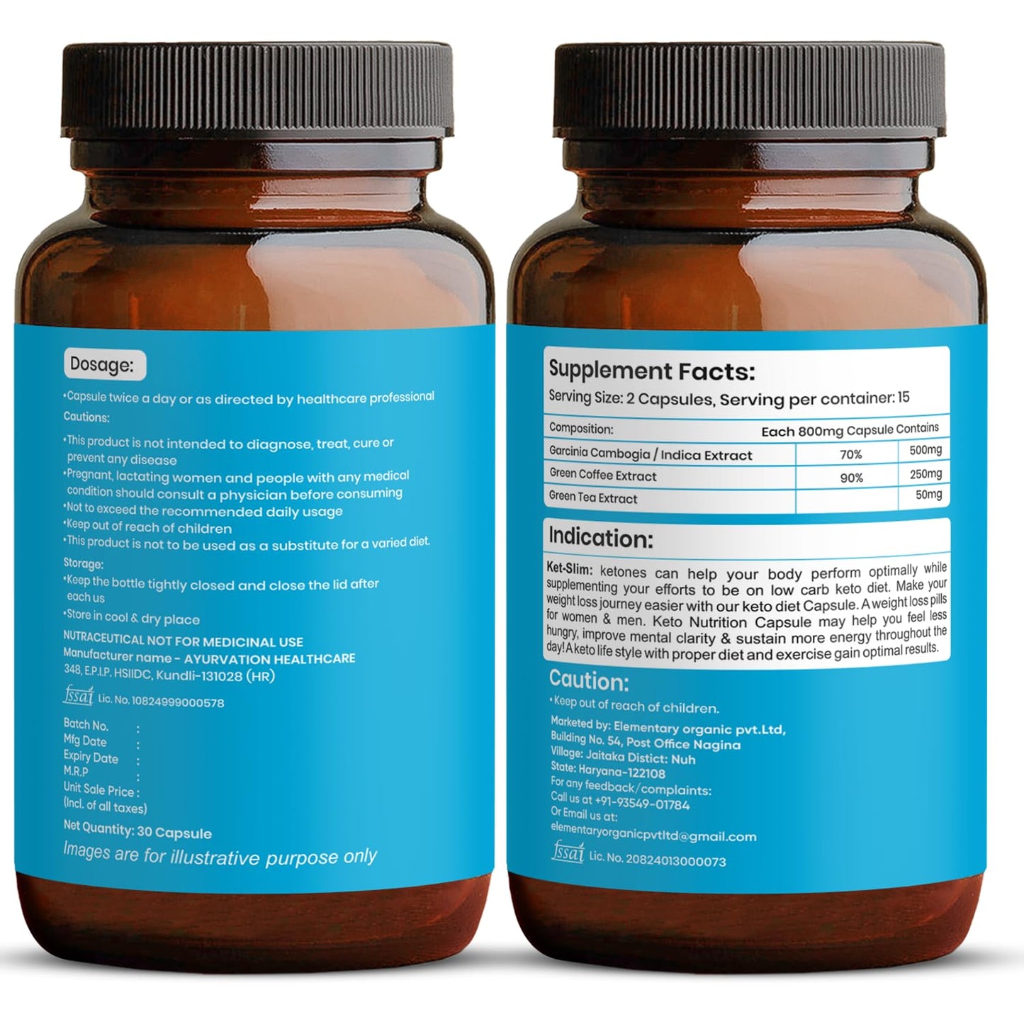 Elementary Organics Keto Capsules with Garcinia Cambogia and Green Coffee for Weight Management (800 mg) 30 Capsule