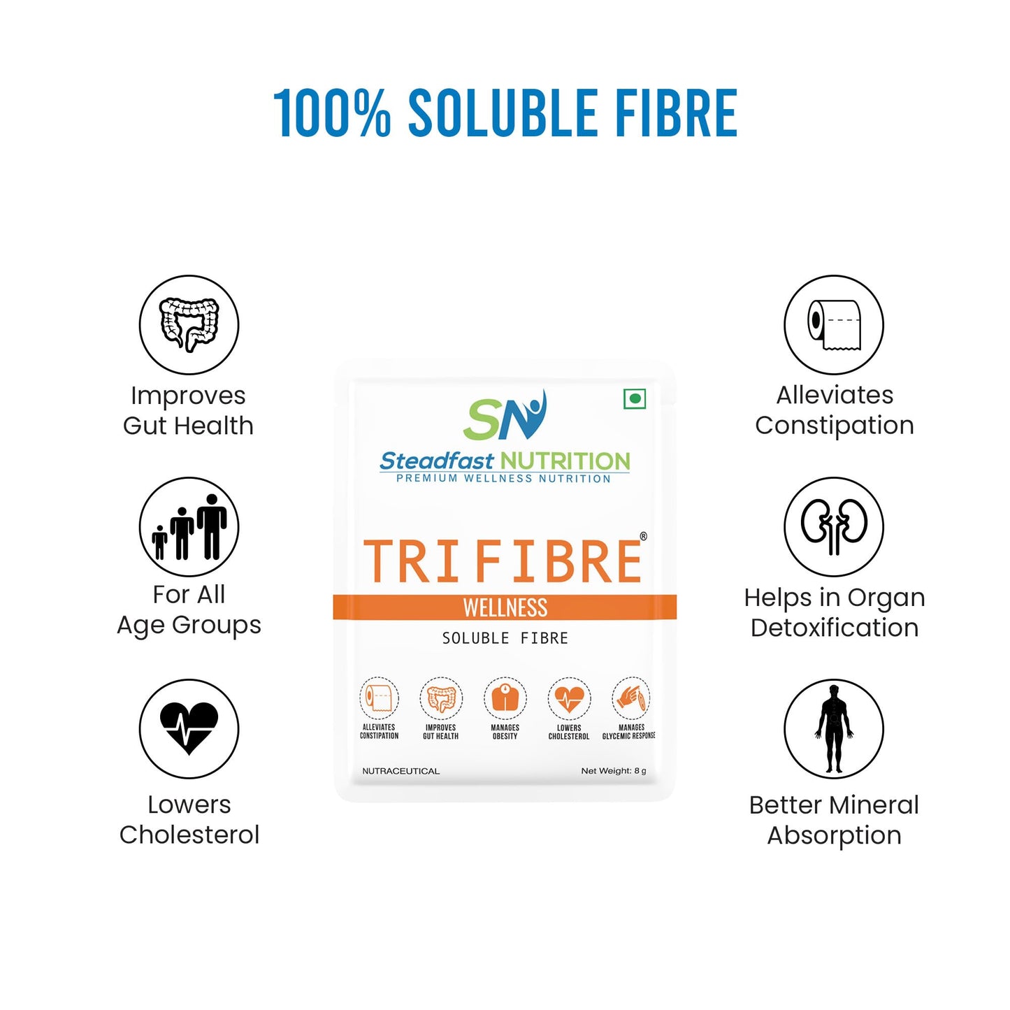 Steadfast Nutrition Tri Fibre Clear Soluble Fiber Supplement for Healthy Gut & constipation Relief Gluten Free (Unflavoured 30 Sachets, 240g)