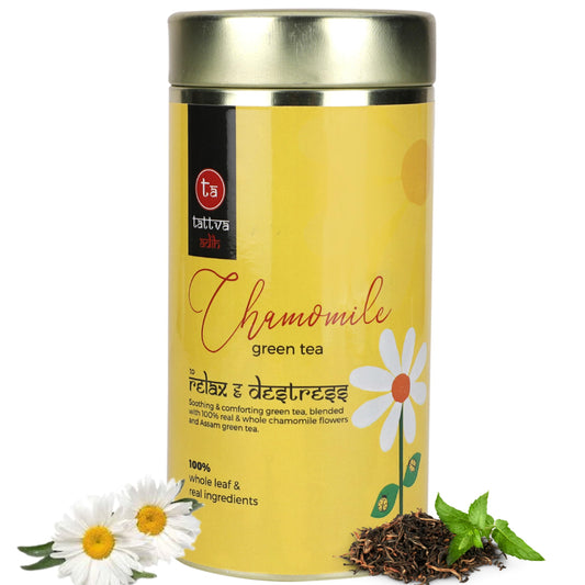 Tattva Adih Chamomile Green Tea | Stress Relief & Good Sleep I Whole Leaf Green Tea & Pure Flower Buds of Chamomile|Loose Leaves (100 grams (Airtight Container))