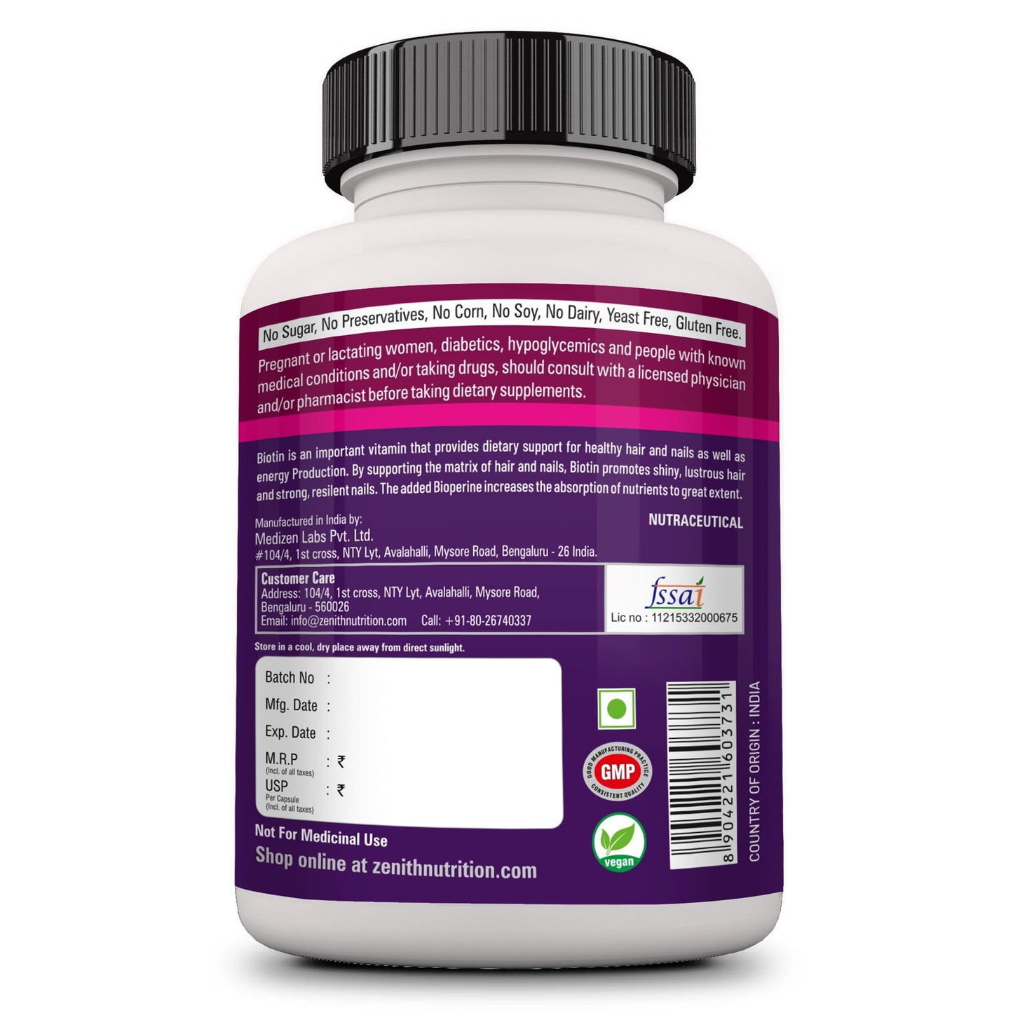 Zenith Nutrition Biotin 10000 mcg with Piperine 60 Caps| Lab tested | Hair Strong | Hair Growth