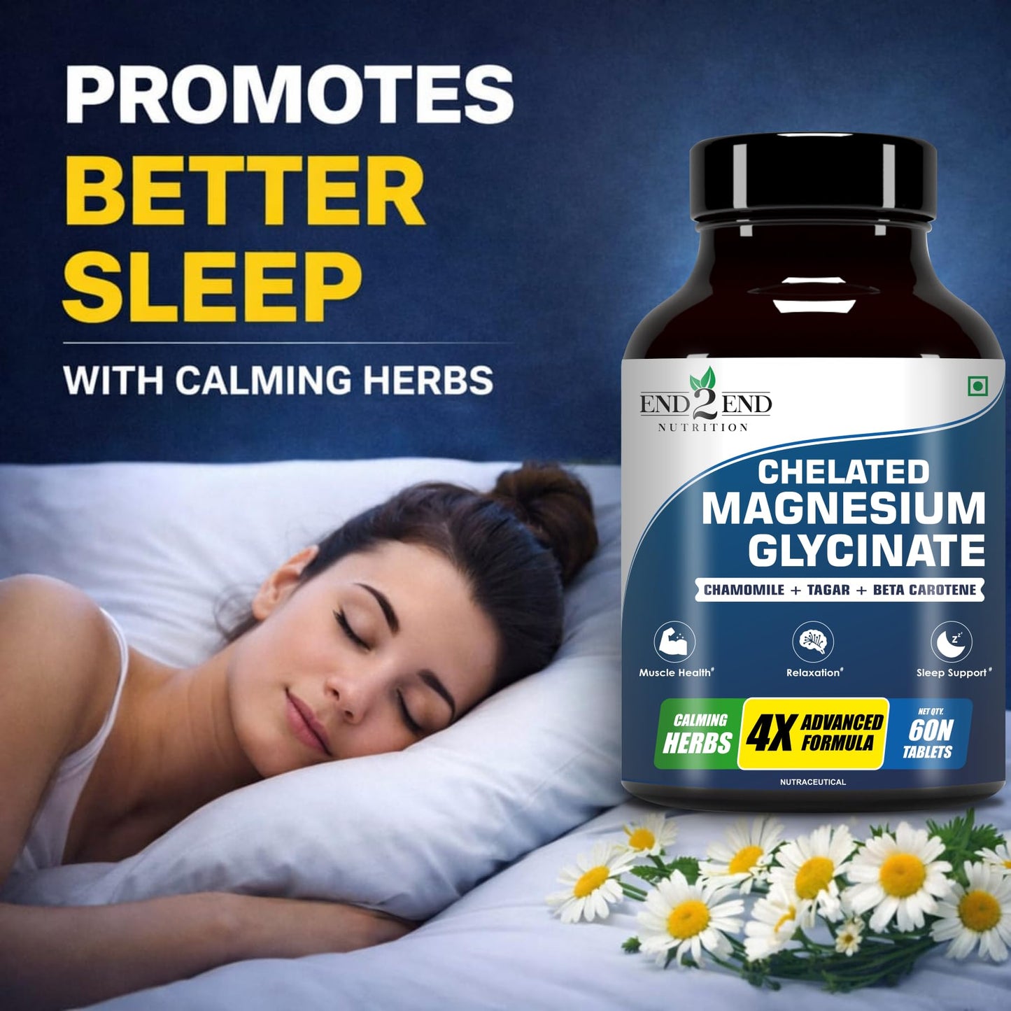 End2End Nutrition Magnesium Glycinate with Chamomile, Tagar, Beta Carotine and Vitamin B6 | High Absorption Magnesium Supplement Supports Better Sleep & Muscle Recovery - (Pack of 3) 180 Tablets