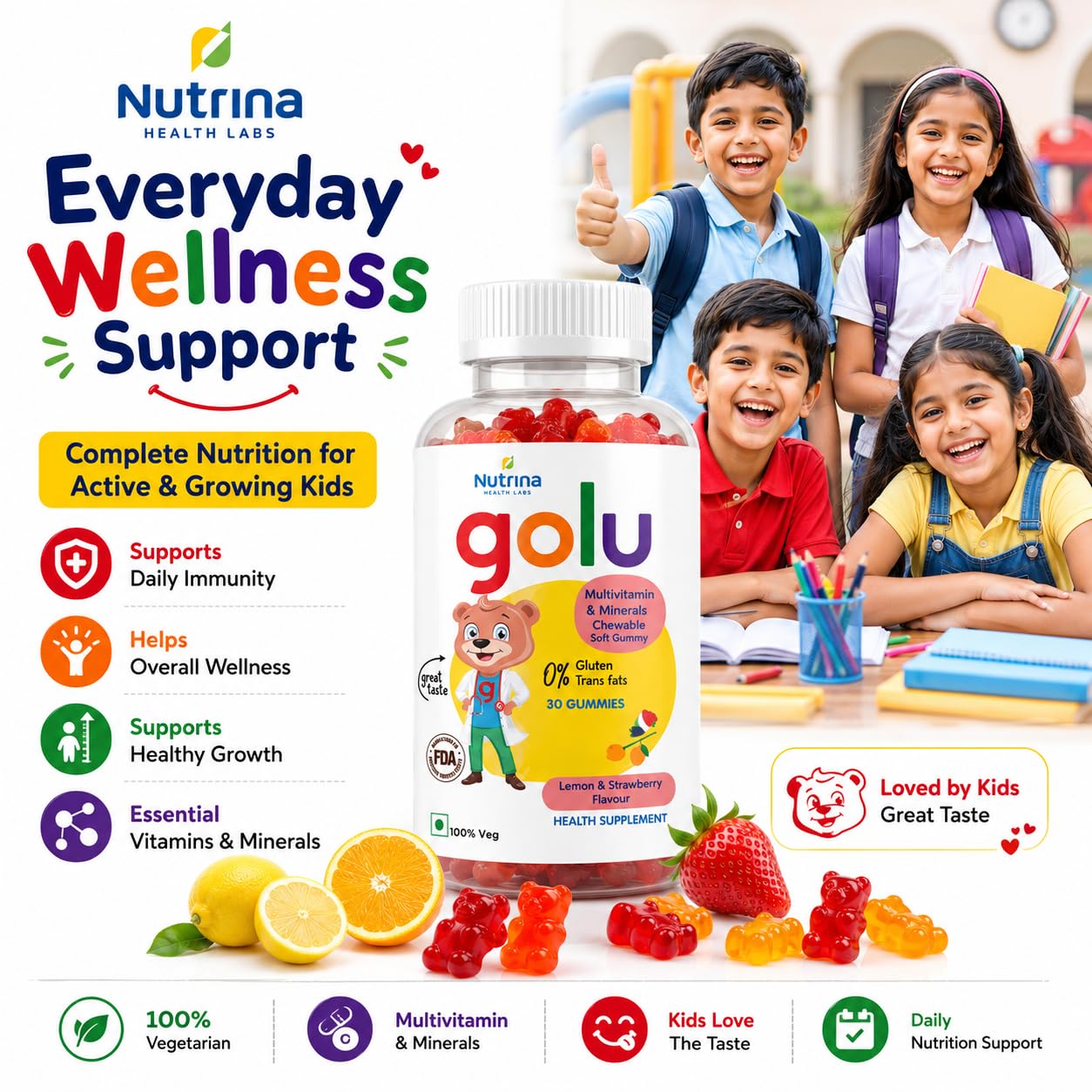 Nutrina Health Labs Golu Multivitamins And Minerals Gummy For Kids 5 to 13 years, Supports Child Growth And Development, Boosts Energy Level, 30 Gummies (Pack of 1)