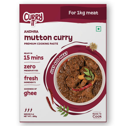 CURRYiT Andhra Mutton Masala Curry Paste 250g | Ready to Cook in 15 mins | Serves 6 | Just add Fresh Chicken, Mutton, Meat, Fish | Made with Ghee | No Preservatives | Eat with Rice | Indian Masala Gravy
