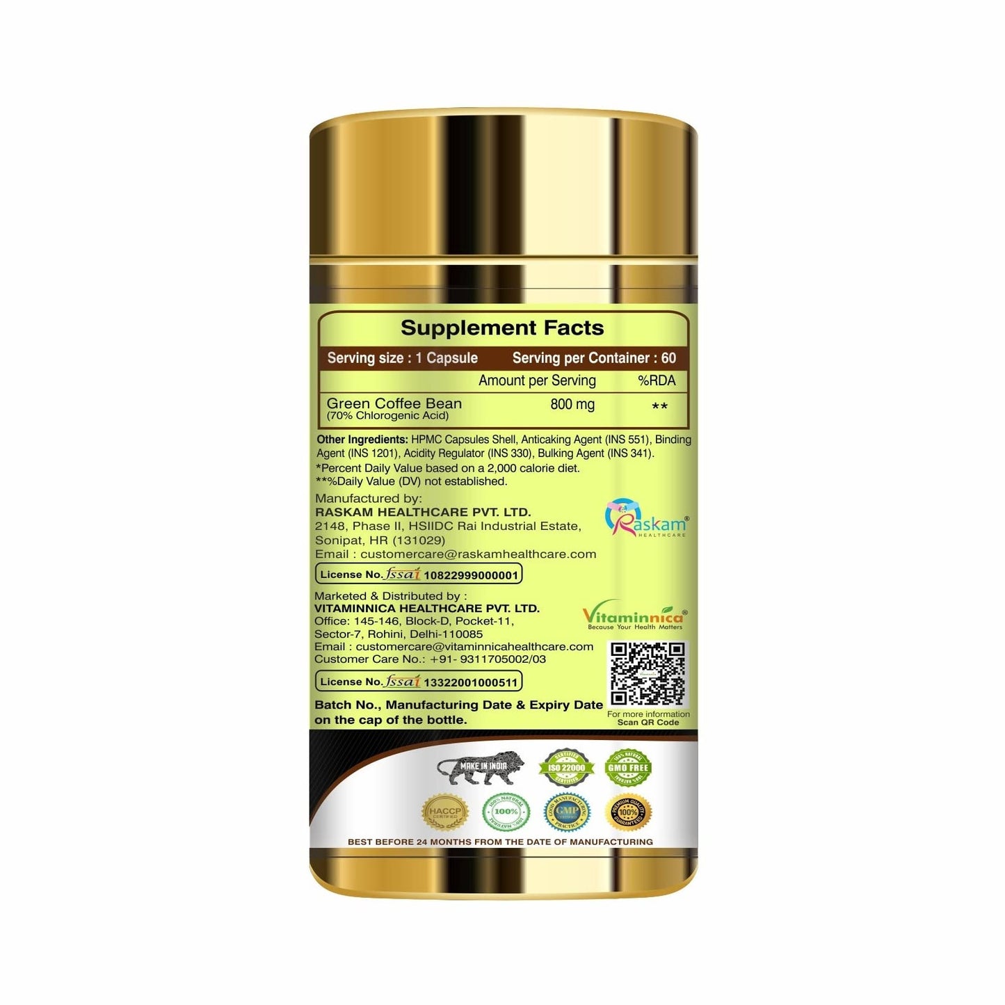 Vitaminnica Green Coffee Bean Extract Capsules for Weight Management – Metabolism & Energy Support Supplement for Men & Women – 60 Vegetarian Capsules