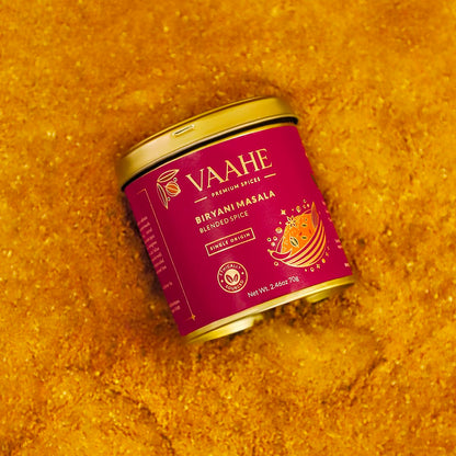 VAAHE Premium Biryani Masala | 17+ Natural Spices | Freshly Ground and Packed | 100% Pure and Natural | Single Origin | Premium Tin Box (70 gm)