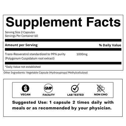 FOLIUS LABS Ultra High Purity Resveratrol Capsules - 99% Trans-Resveratrol - Japanese Knotweed Extract - Support Immunity, Support Healthy Aging - 120 Caps Reservatrol Supplement