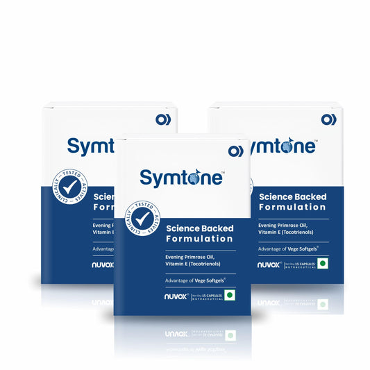 Symtone Vege Softgel Capsules | For PMS, Menopause, Hair and Skin Health | Enriched with Evening Primrose Oil and Vitamin E | 15 Vege soft gel capsules (Pack of 3)
