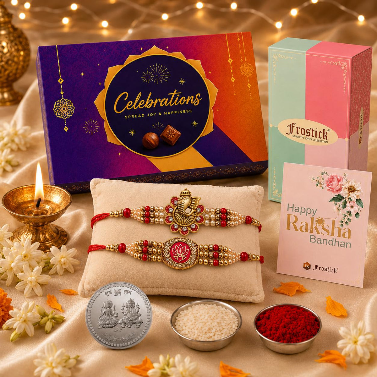 Frostick Rakhi For Brother With Chocolate Combo Set of 2 Premium For Brother Gift Ganesha Krishna Rakhi for Bhaiya/Bhai/with Big Celebration Chocolate Pack Pair Couple