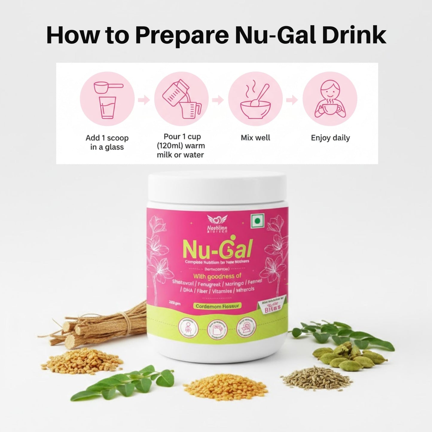 Nu-Gal Lactation Powder 200g | Postnatal Nutrition Drink for New Mothers | Blend of Shatavari, Fenugreek, Moringa, Fennel, DHA, Fiber, Vitamins & Minerals | No Added Sugar