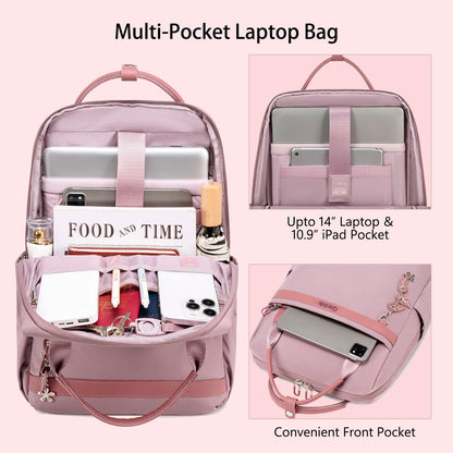 Chantria Slim Backpack for Women Stylish 14-inch Laptop Bag 13L Multi-pocket Water-resistant Daypack with Top Handheld & Luggage Strap,Ladies Backpack for Office Casual College, Pale Mauve