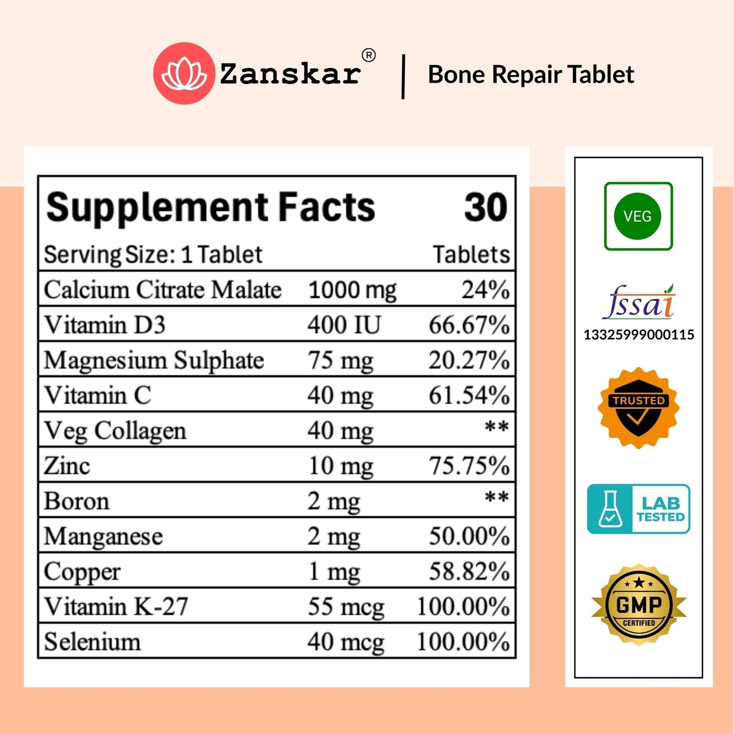 Zanskar Advanced Bone Health Tablet (60 Tablets) | Calcium, Vitamin D3, Vitamin K2, Collagen, Magnesium & Zinc (1200mg) | 100% Veg | Bone Health and Joint Support