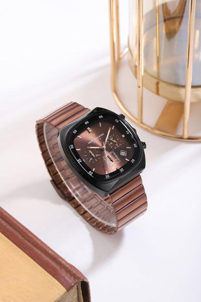 Daniel Hechter Paris Bercy Collection Modern Multi Functional Watch for Men with Square Dial and Stainless Steel Strap (Dial:Brown,Strap:Brown, Stainless Steel)