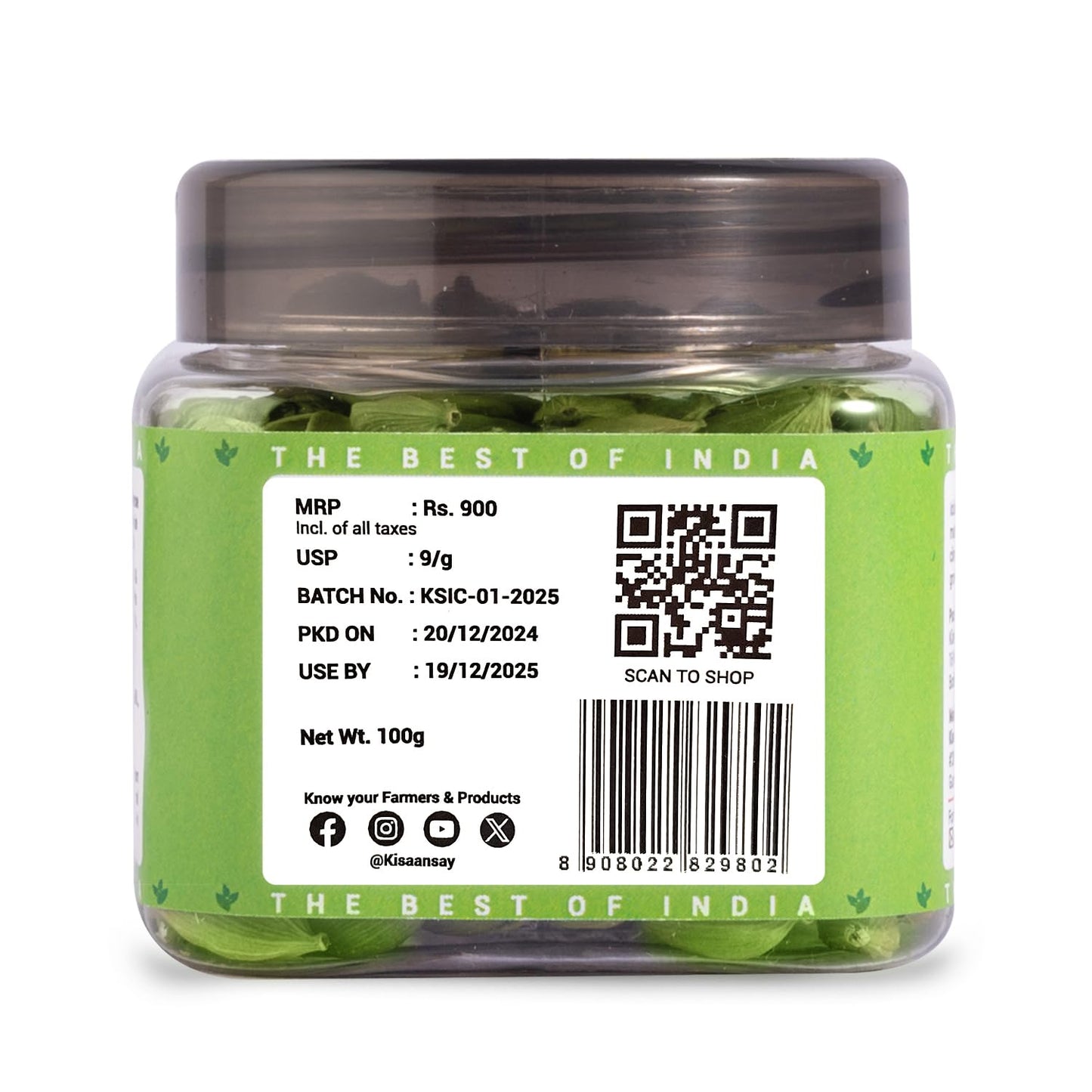 KisaanSay Idukki Cardamom 100 gm | Bold Size (7 to 8 mm) | Natural Elaichi | Distinctive Flavour & Aroma | No Artificial Colors | elaichi green