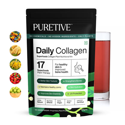 Puretive Daily Collagen Supplement | Plant Based Nutritional Mix | For Men and Women | Combats Dull Skin & Hair Loss | For Glowing Skin | 100% PURE Vegan |For Everday use | Just Mix & Sip | 100gms