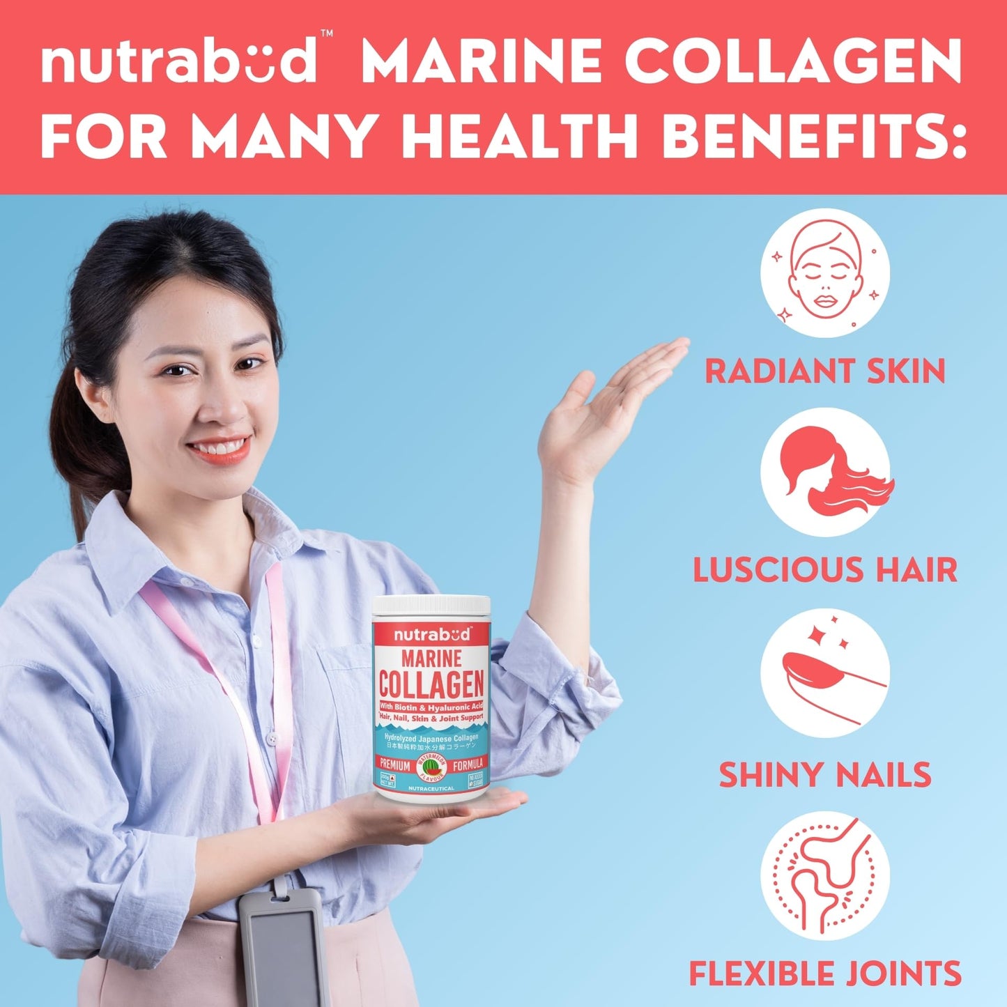 Nutrabud Japanese Marine Collagen Powder Supplement for Women, Men | No Added Sugar | Supports Skin Radiance, Healthy Hair, Nails & Joints | Hydrolyzed Collagen Peptides (Watermelon, 200g)