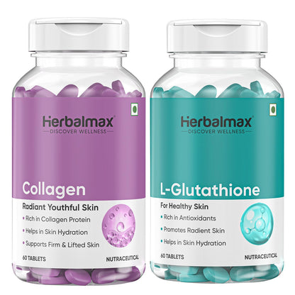 Herbal Max Collagen & Glutathione Combo | With Vitamin C & Peptides | Supports Anti-Aging, Skin Clarity, Collagen Boost, Joint & Bone Health, Antioxidant Protection 120 Tablets (60+60)