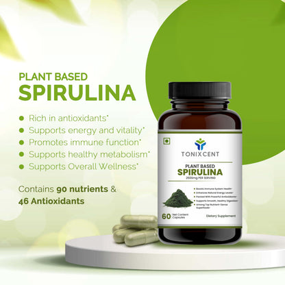 TONIXCENT Super Green Vitals Combo | Moringa 2000mg + Spirulina 2600mg Per Serving | 90 Nutrients, 46 Antioxidants | Immunity, Energy, Detox & Wellness Support | 2 x 60 Vegan Capsules