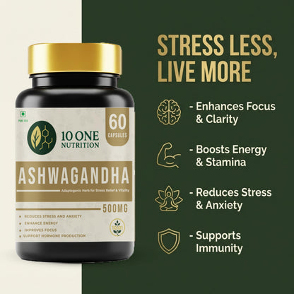 10 One Nutrition Ashwagandha Gold 500mg – (60 Capsule) | Natural Stress Relief, Improves Strength & Energy | Supports Muscle Mass, Boost Immunity & General Wellness | Ayush Approved | For Men & Women