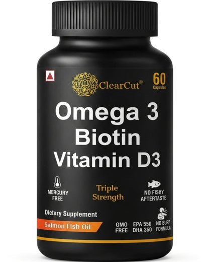 ClearCut Triple strength Omega 3 fish oil capsules | Biotin| Vitamin D3 for men women Heart Hair Skin