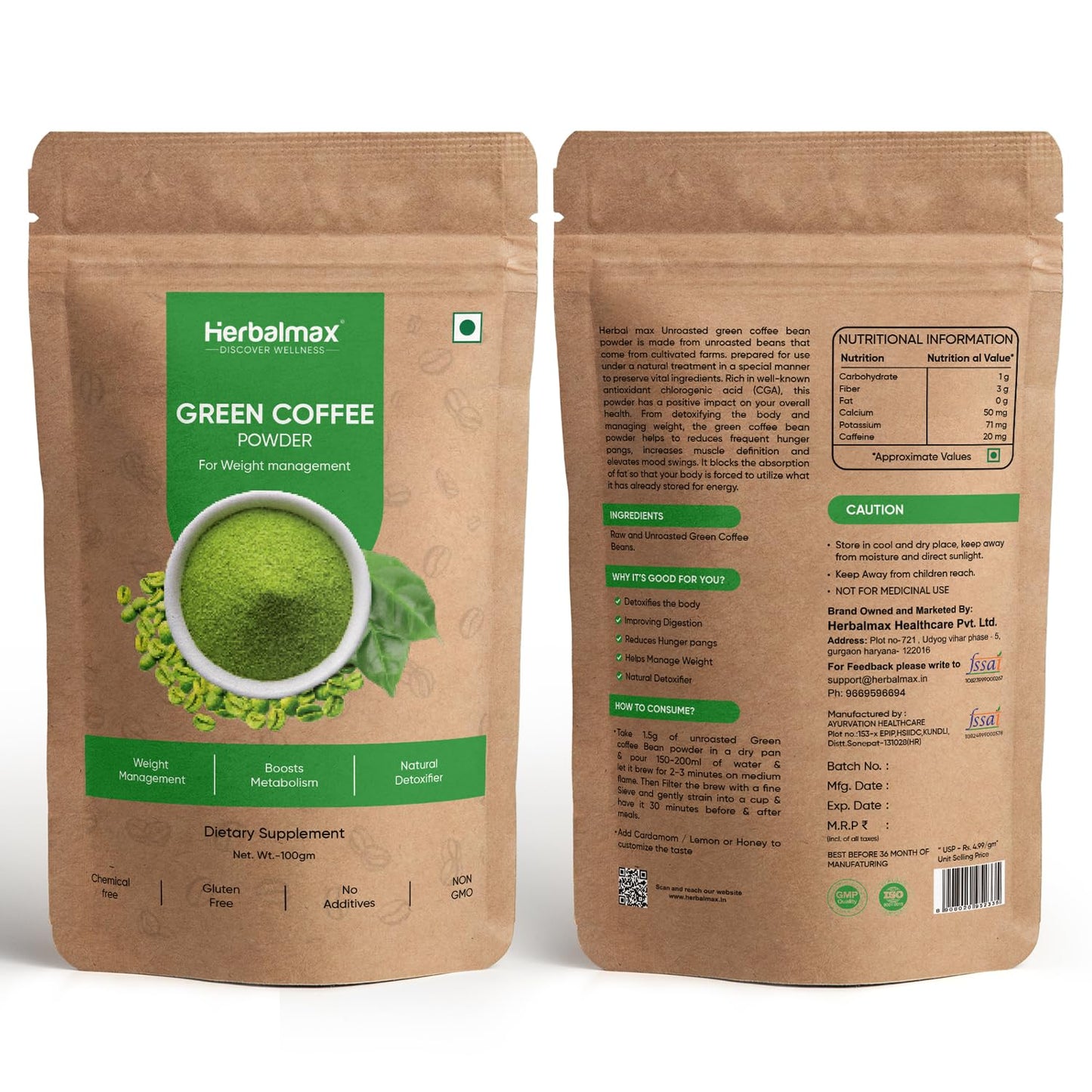 Herbal Max Green Coffee Powder, 3 × 100 gm – Organic Natural Green Coffee for Weight Management, Metabolism, Digestion & Energy Support | Daily Wellness Supplement