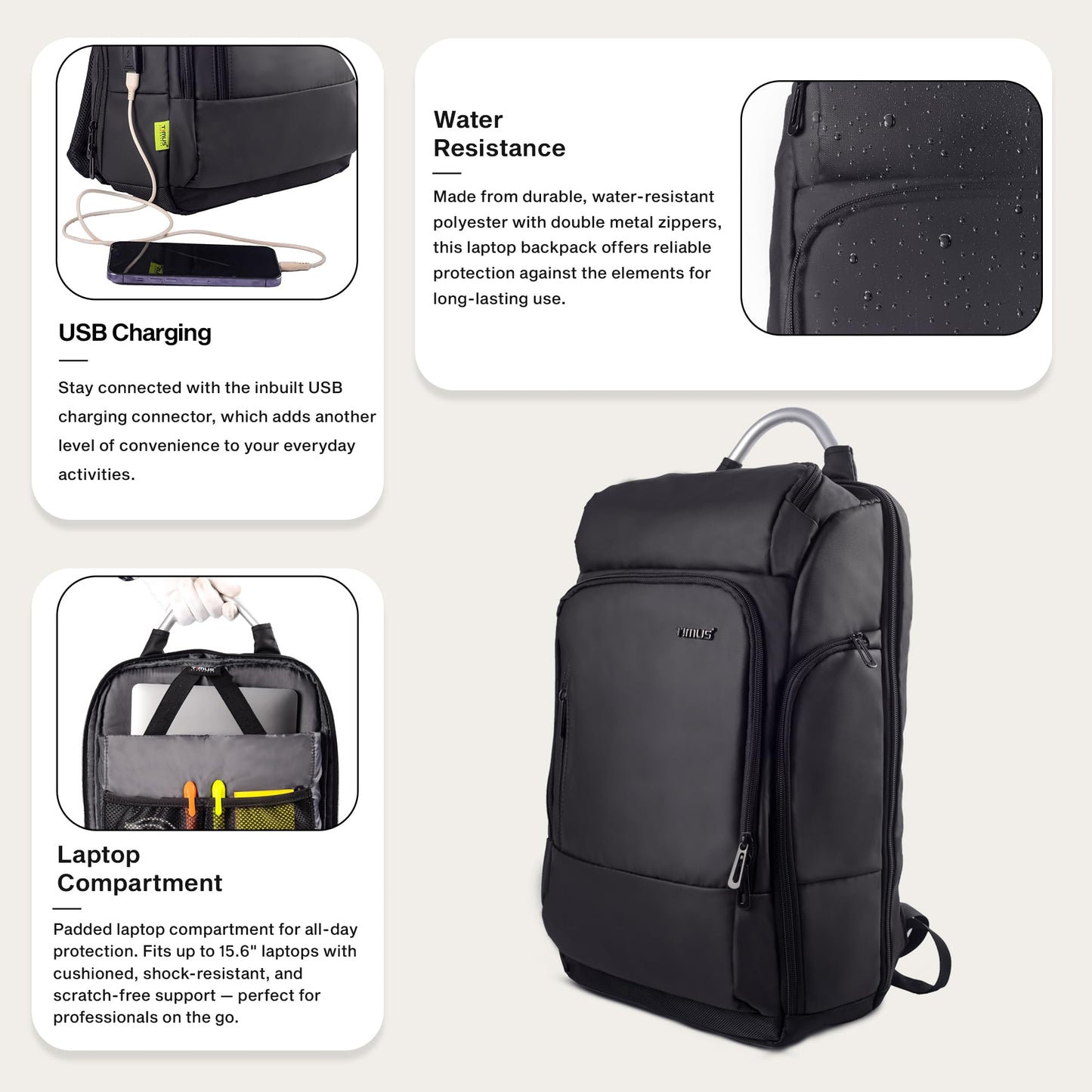 Timus Seattle Black Professional Laptop Backpack for Men & Women 24 L with 15.6 Inch Laptop Compartment | Water resistant with USB Port Anti-Theft Bag | Premium Polyester Fabric