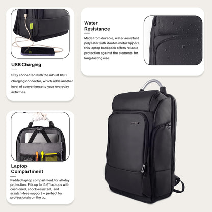 Timus Seattle Black Professional Laptop Backpack for Men & Women 24 L with 15.6 Inch Laptop Compartment | Water resistant with USB Port Anti-Theft Bag | Premium Polyester Fabric