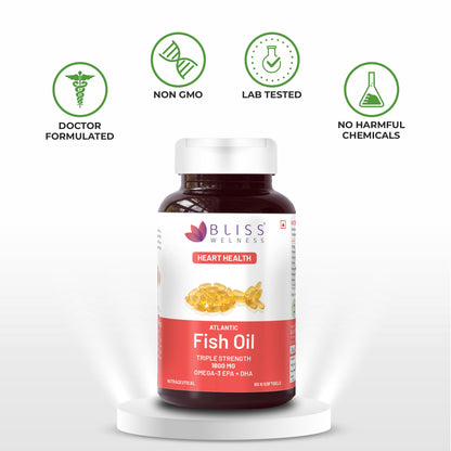 Bliss Welness Omega-3 Arctic Sea Fish Oil Triple 3X Strength 2500mg | 1100mg EPA 700mg DHA 200mg Other Omega 3 6 9 Fatty Acid | Cold Pressed Molecular Distilled Fishy Burp Free for Men Women | Brain Heart Joints Eye Muscle Build Skin Health Supplement - 6