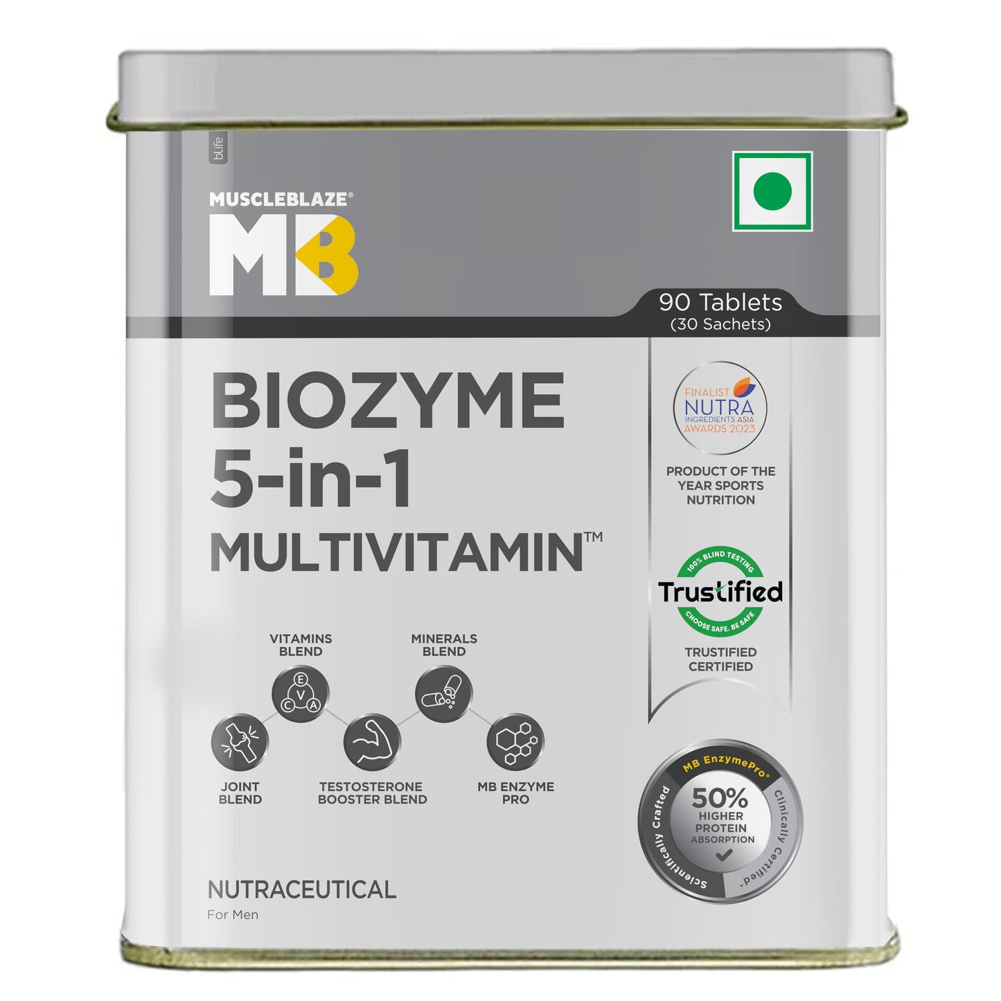 MuscleBlaze Biozyme Daily Multivitamin (90 Tablets) | 5-in-1 Supplement with Vitamins, Minerals, Joint, T-Booster Blend | With US Patent Published EAF®