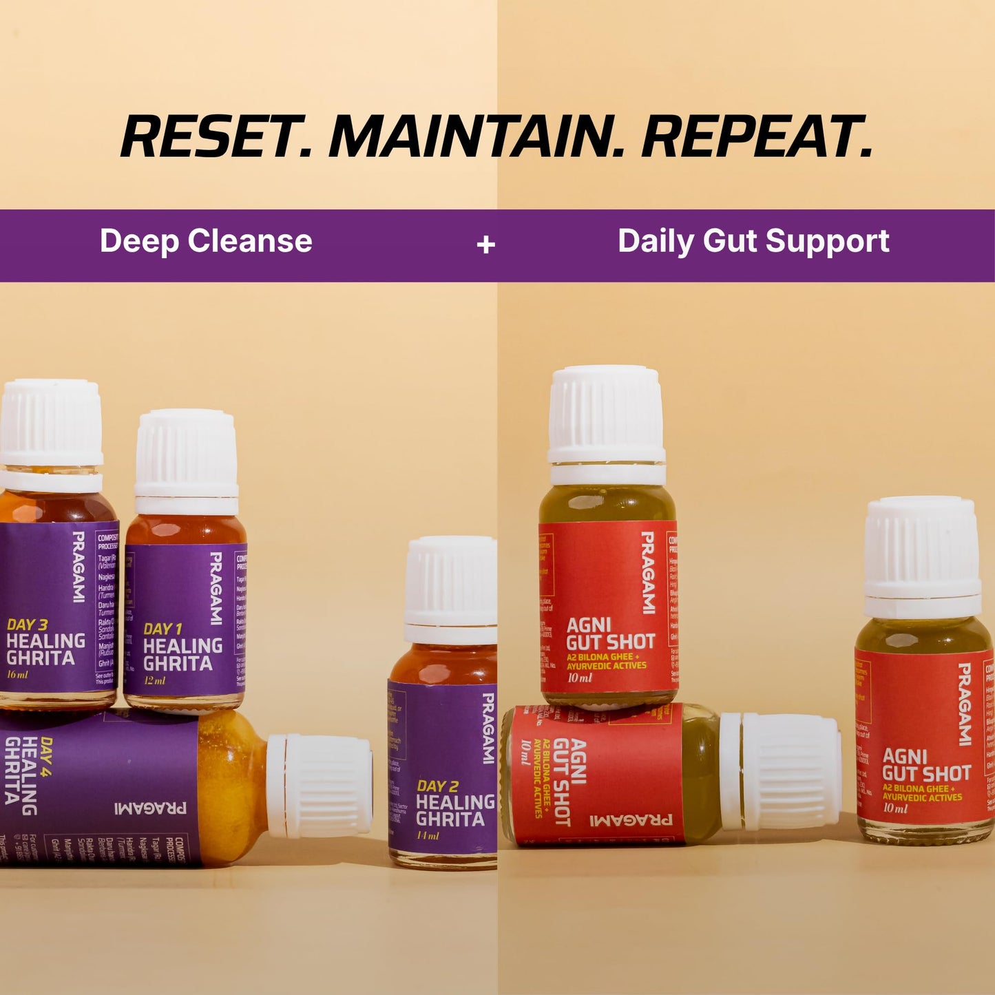 PRAGAMI Gut Cleanse & Daily Detox Combo 5-Day Gut Reset Kit (40–55 Kg) + Gut Shots 15×10Ml Gut Cleanse for Bloating, Constipation & Acidity Relief | A2 Bilona Ghee + Herbal Actives | Supports Gut Health, Microbiome & Immunity