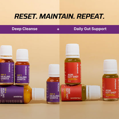 PRAGAMI Gut Cleanse & Daily Detox Combo 5-Day Gut Reset Kit (40–55 Kg) + Gut Shots 15×10Ml Gut Cleanse for Bloating, Constipation & Acidity Relief | A2 Bilona Ghee + Herbal Actives | Supports Gut Health, Microbiome & Immunity