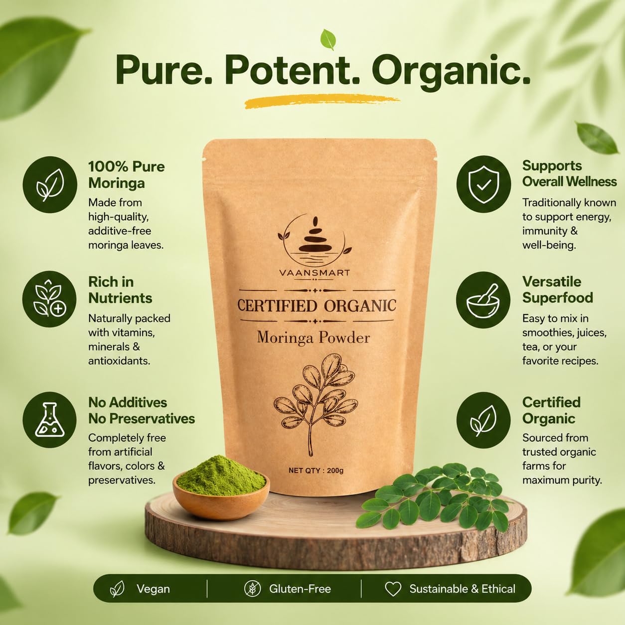 Organic Moringa Powder - 200gm | USDA Organics, Non-GMO, Kosher, Moringa Olifera Powder - 100% Raw and Natural
