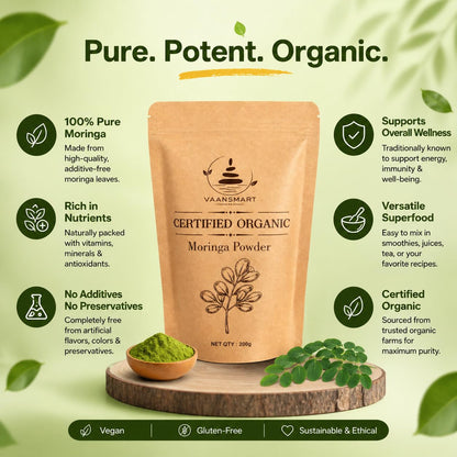 Organic Moringa Powder - 200gm | USDA Organics, Non-GMO, Kosher, Moringa Olifera Powder - 100% Raw and Natural