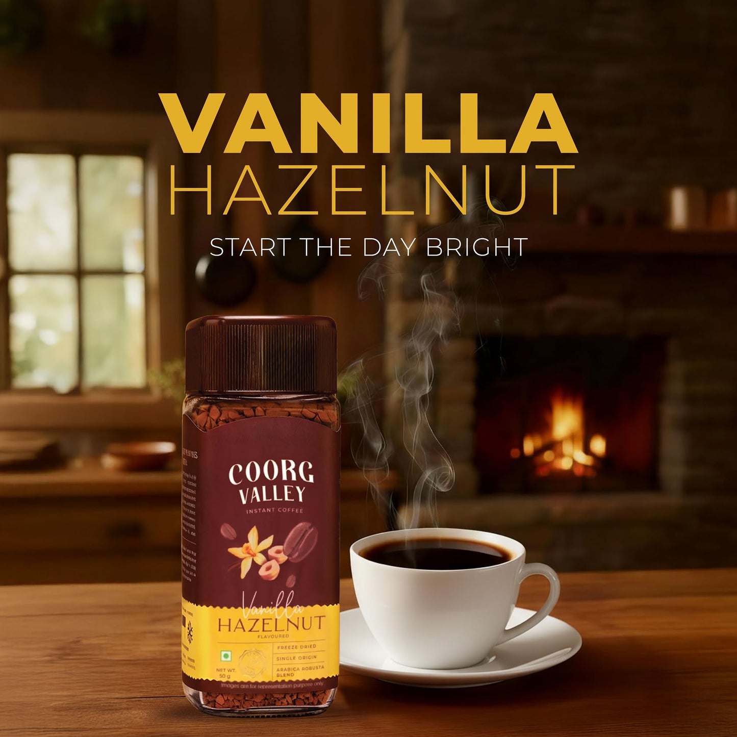 Coorg Valley Vanilla Hazelnut Instant Coffee 50g | Flavoured Coffee | Premium Blend of Robusta & Arabica | Freeze Dried | Make Café Style Hot & Cold Coffee at Home