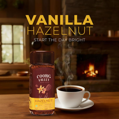 Coorg Valley Vanilla Hazelnut Instant Coffee 50g | Flavoured Coffee | Premium Blend of Robusta & Arabica | Freeze Dried | Make Café Style Hot & Cold Coffee at Home