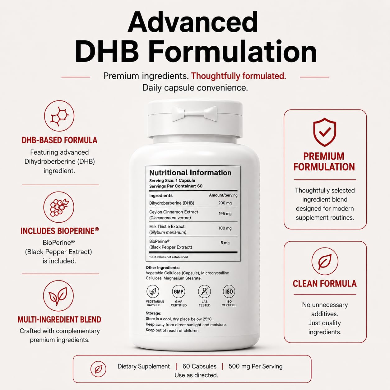Dihydroberberine (DHB) 500mg Capsules | Advanced Berberine Supplements | Support Blood Sugar, Lower Cholesterol, PCOS supplements | with Ceylon Cinnamon, Milk Thistle & BioPerine | Enhanced Absorption | 60 Veg Capsules