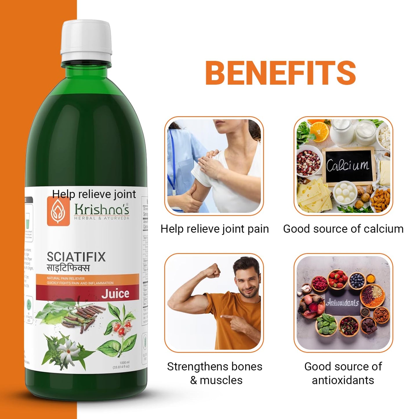 Krishna's Sciatifix Herbal Juice - Good source of calcium | Strengthens bones and muscles | 100% Organic Ingredients, No Artificial Colors & Gluten Free - 1000 ml (Pack of 1)