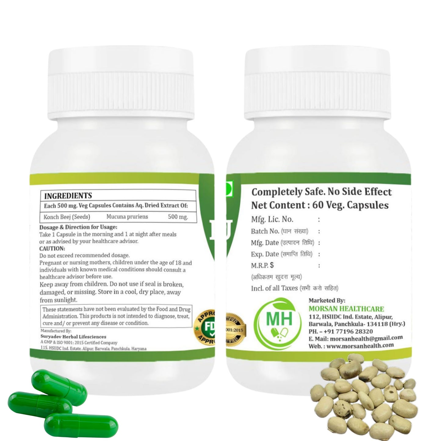 Morsan Healthcare KONCH BEEJ Capsules – 60 Veg Capsules | Pure Mucuna Pruriens Extract | Natural Herbal Supplement | Ayurvedic Wellness Support | Pack of 2