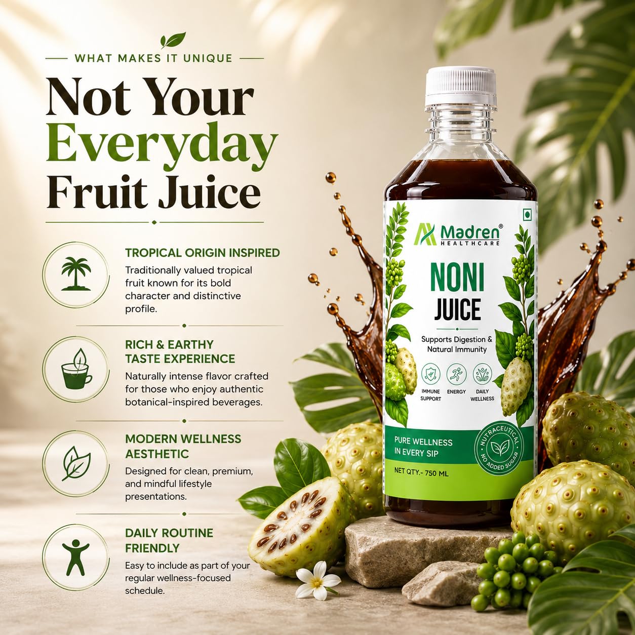 Madren Healthcare Ayurvedic Noni Juice 750ml | Rich in Antioxidants for Immunity & Energy Support | Natural Detox Juice | Supports Overall Wellness & Vitality | No Added Sugar | Daily Health Supplement for Men & Women