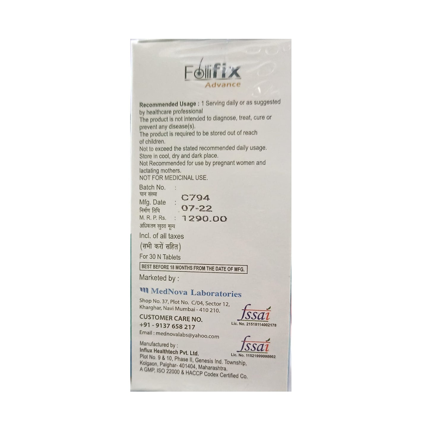 Follifix Advance Hair Nutrition Pack of 30 Tabs