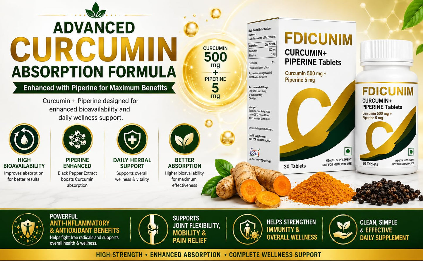 Docttray Fdicunim Curcumin, Piperine Tablets with Turmeric, Black Pepper Extract | Advanced Absorption and High Bioavailability Formula | 30 Tablets